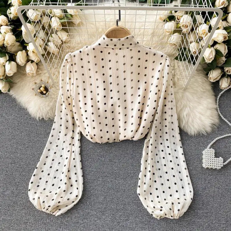 Beige Polka Dot Bow Neck Elegant Chiffon Long Sleeve Loose Women&