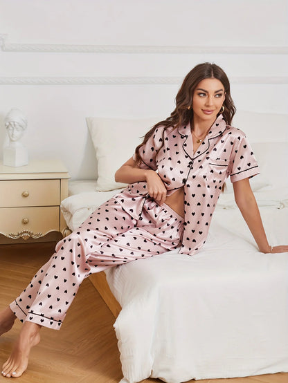 Heart Print Satin Pajama Set Casual Short Sleeve Buttons Lapel Top &amp; Elastic Pants Women&