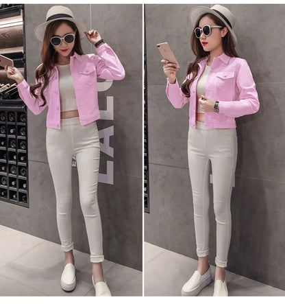 Spring Autumn Women Clothing Cowboy Coat Loose Long Sleeve Short Female Denim Jacket White Black Blue Pink Bomber Jacket Coats