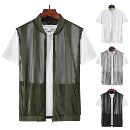 Soft Vest Tops Baseball Collar Summer Mesh Waistcoat Outerwear Chic Summer Men Mesh Hollow Waistcoat Streetwear