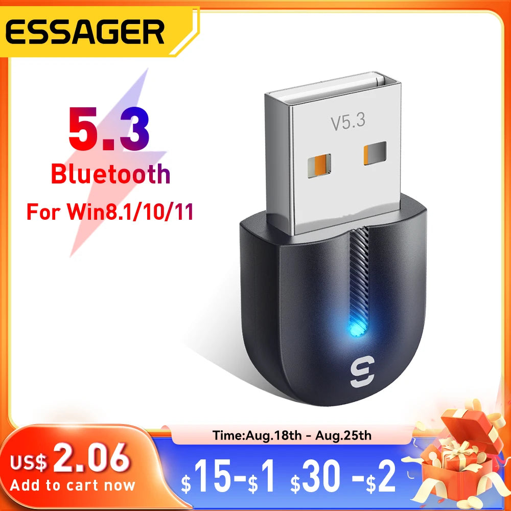 Essager USB Bluetooth 5.3 Adapter Aux Audio Receiver Transmitter For PC Speaker Laptop soundbox Wireless Mouse USB Transmitter