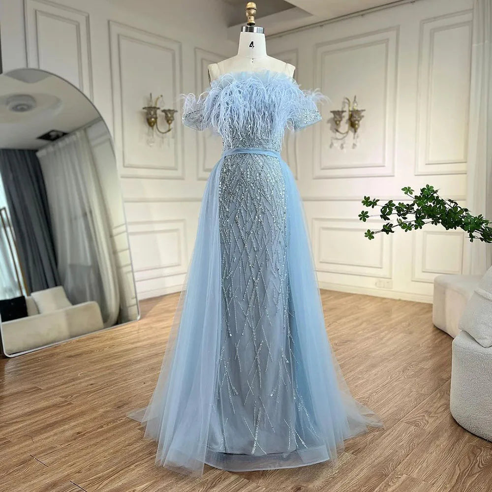 Serene Hill Dubai Luxury Beaded  Blue Mermaid Elegant Overskirt Evening Dresses Gowns 2024 For Women Wedding Party LA71634