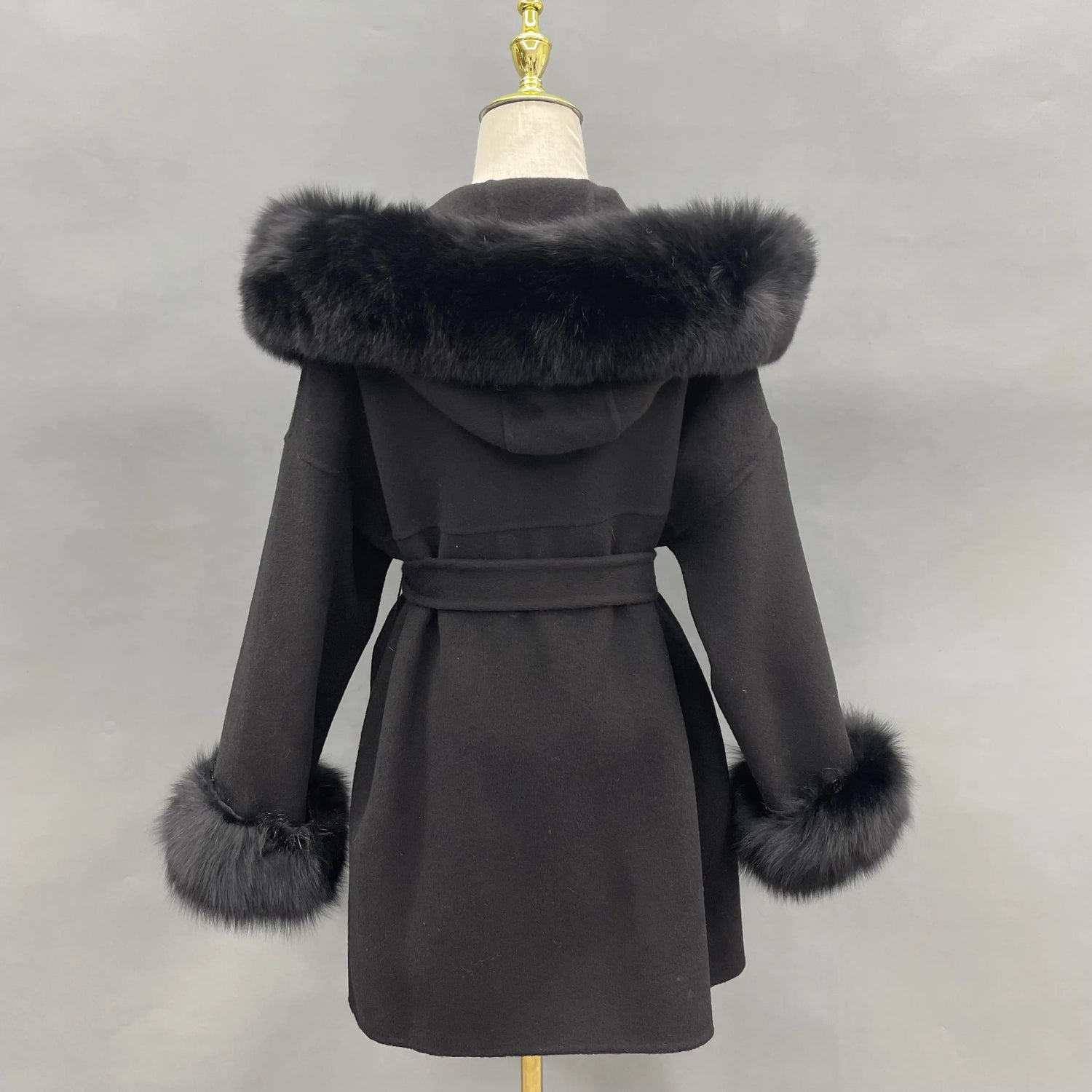 MISSJANEFUR Wool Coat with Real Fox Fur Collar Cuff Women 2023 Fashion Belted Cashmere Coats Warm Winter Hooded Trench Peacoat