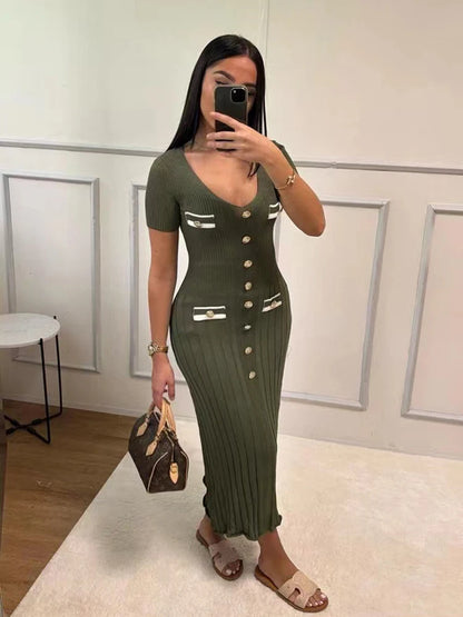 Elegant V Neck Knitted Long Dress Women Summer Fashion Short Sleeve Buttons Bodycon Dresses Office Lady Pockets Fashion Robes