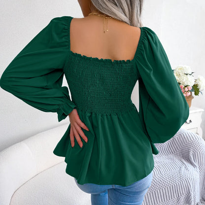 Women Chiffon Blouse 2023 Long Sleeve Casual Ruffles Peplum Top White Red Green Blue Black