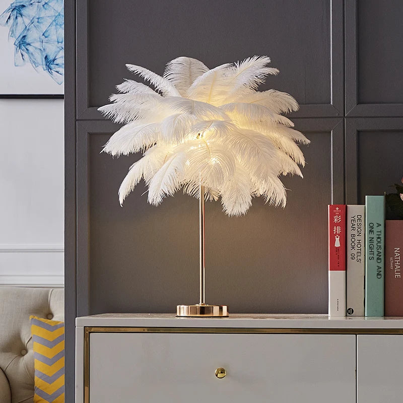 Nordic Luxury Feather LED Desk Light Home Decor Table Lamp Ostrich Feather Indoor Decor Stand Light Kid Study Night Light