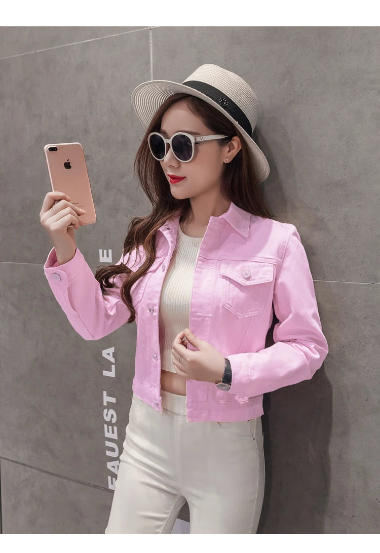 Spring Autumn Women Clothing Cowboy Coat Loose Long Sleeve Short Female Denim Jacket White Black Blue Pink Bomber Jacket Coats