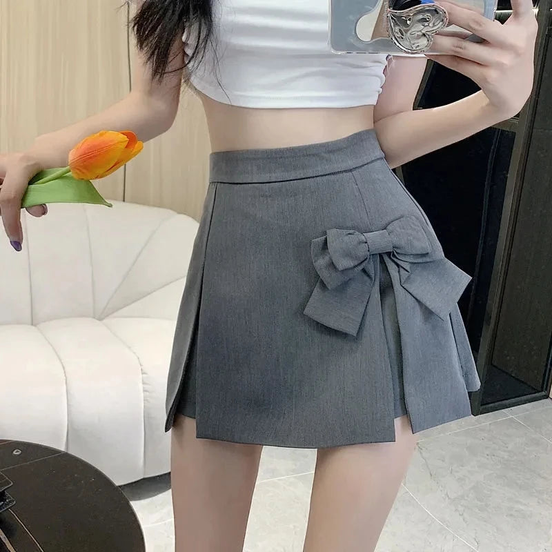 Zoki Cute Bow Women Sexy Pleated Skirt Janpan Sweet High Waist Student A Line Mini Skirt Summer Zipper Female Solid Color Skirt