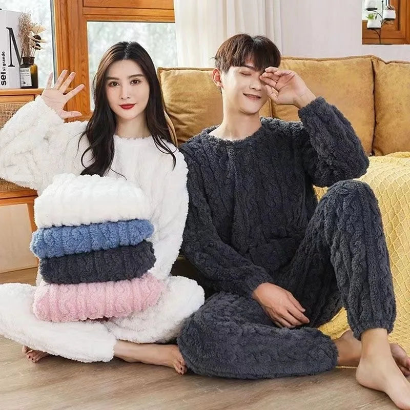 Two-Piece Autumn And Winter Thickened Warm Flannel man Women Pajamas O-neck Solid Long Sleeve Long pants Black Homewear Set New