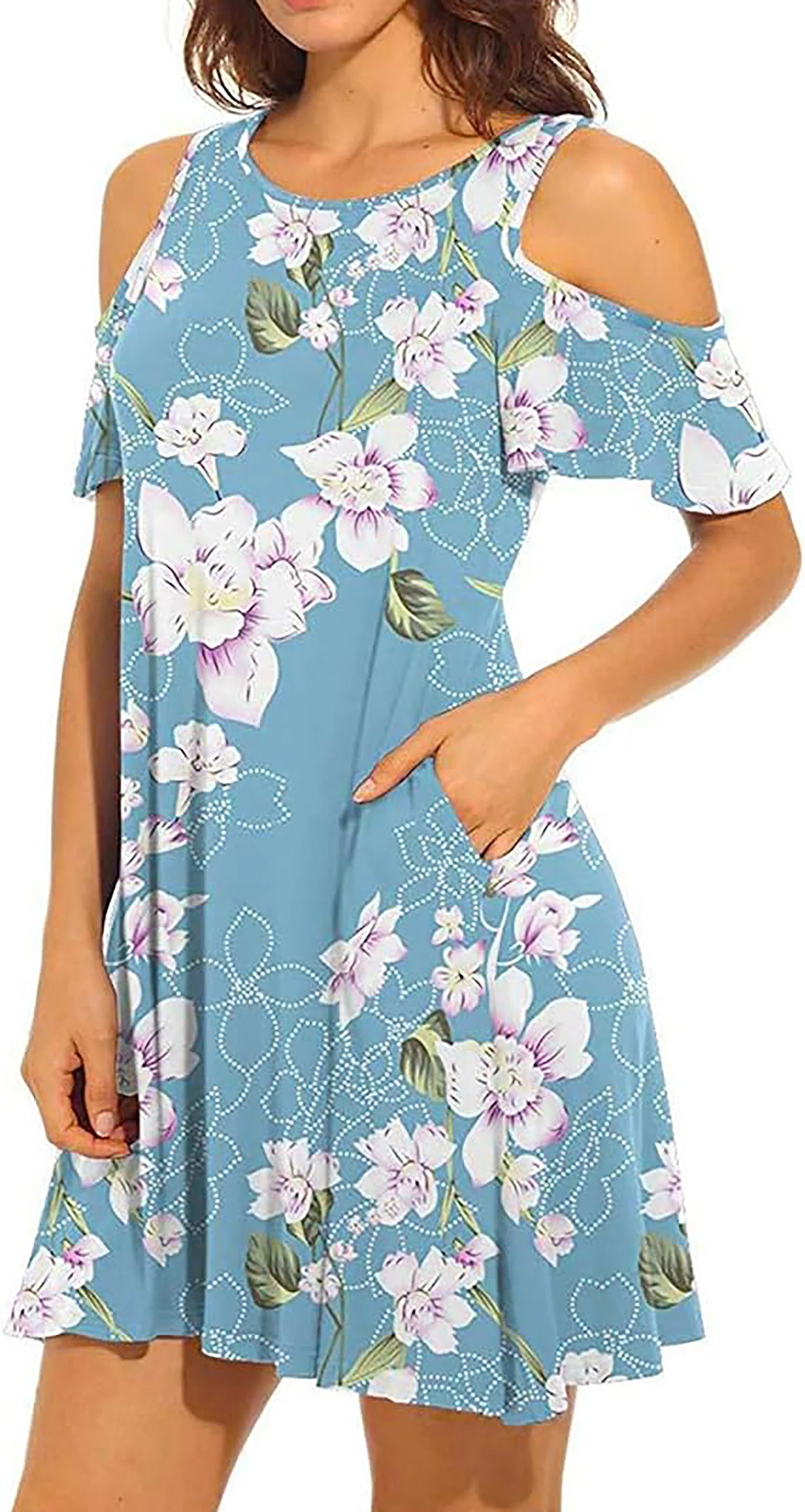 Womens Summer Cold Shoulder Floral Flowy T-Shirt Dress with Pockets