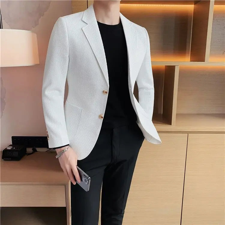 Man Suits and Blazers White Business Coats Dress Jackets Waffle Jacket for Men Clothing Korean Style Clothes Simple Breasted