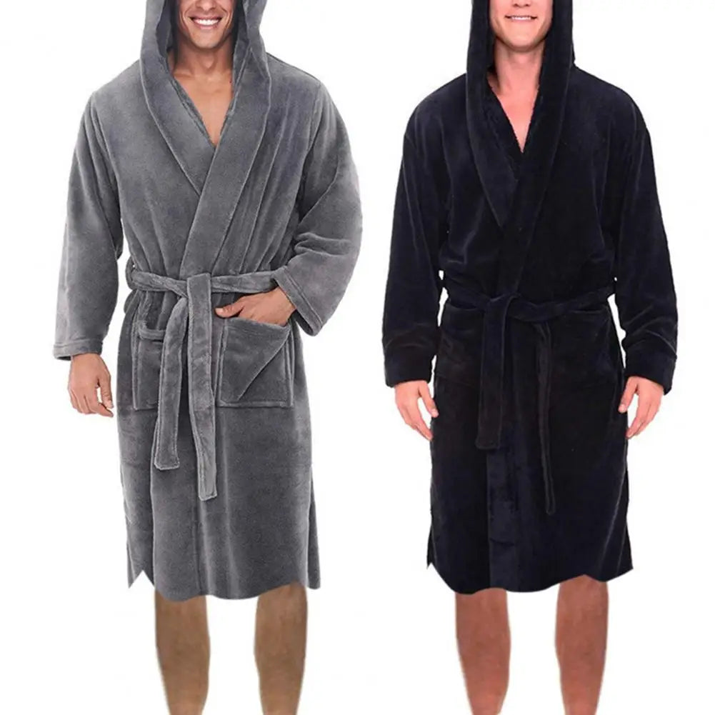 Long Sleeve Pocket Belt Solid Color Men Bathrobe Winter Warm Hooded Long Fleece Home Gown Sleepwear