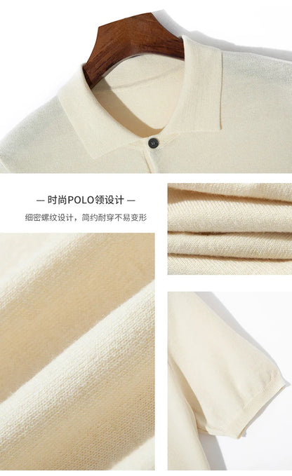 2024 Classic Men Knitwear Silk Wool Blend Sweater Pullover Polo Neck T-Shirt Short Sleeved Loose Cool High-Quality Clothing Tops