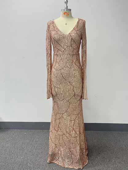 Women V-Neck Long Sleeved Luxuriant Rose Gold Formal Party Dress Mermaid Sparkling Sequins Long Evening Dress 2023 NEW