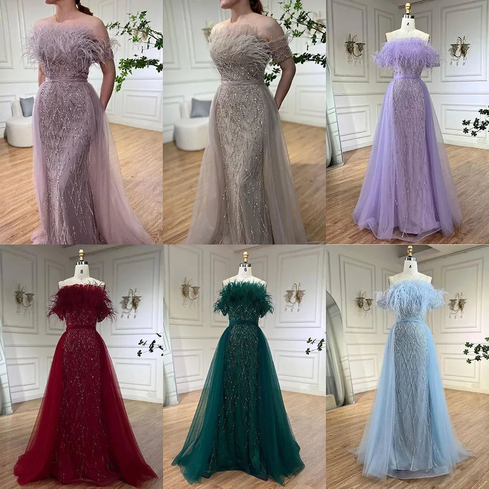 Serene Hill Dubai Luxury Beaded  Blue Mermaid Elegant Overskirt Evening Dresses Gowns 2024 For Women Wedding Party LA71634