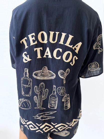 Women Pajamas Set 2 Pieces Loungewear Suits Tacos Tequila Letter Print Short Sleeve Loose Tops and Shorts Sleepwear Outfits