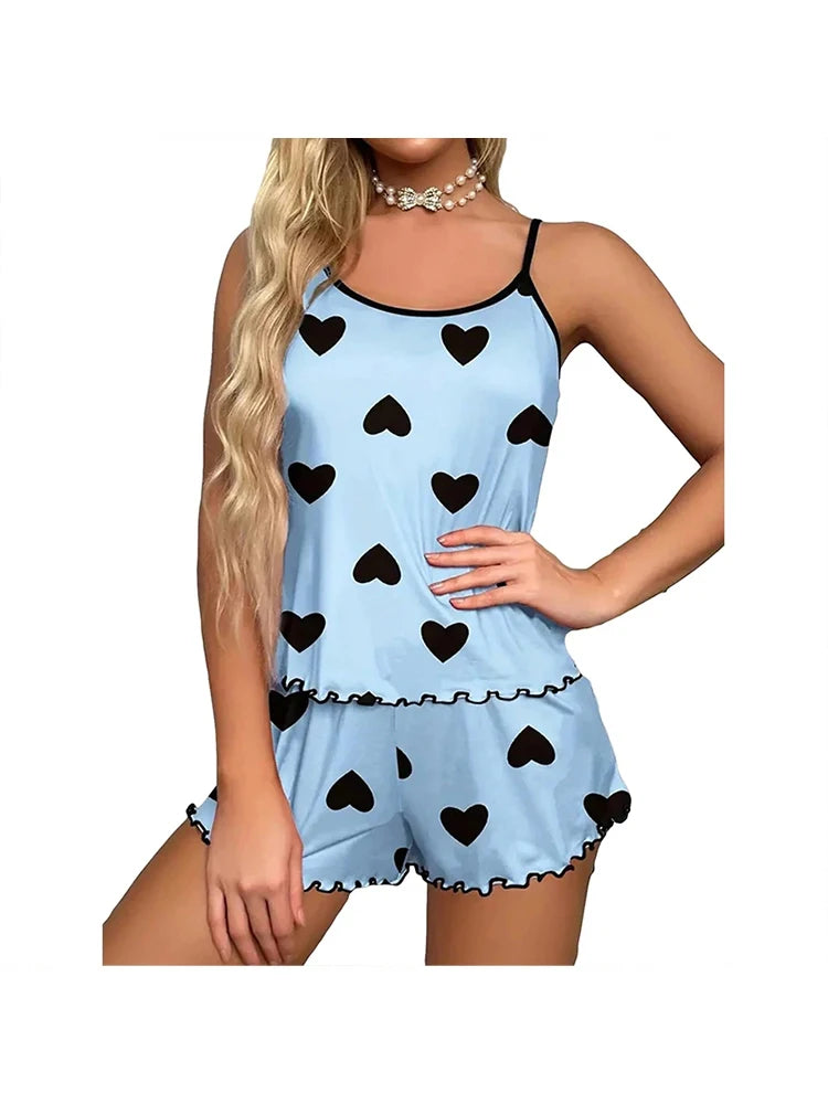 AOTVOTEE Elegant Sexy Casual Printed Shorts 2 Piece Set Nightgown Cosplay Sexy Pajama Summer Suspender Home Shorts Pajama Set