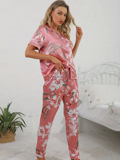 Floral Print Satin Pajama Set Smooth &amp; Comfort Short Sleeve Button Lapel Top &amp; Cozy Long Pants Women&