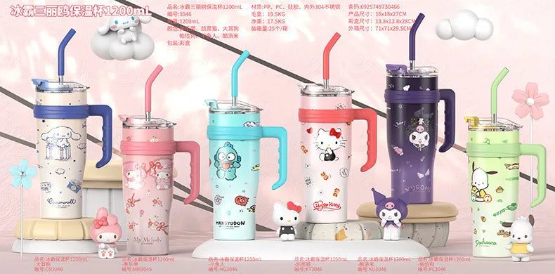 Sanrio Thermos Bottle 1200ml Kuromi Cinnamoroll Sippy Water Cup Vacuum Flask Kawaii Stainless Steel High Capacity Insulated Mug