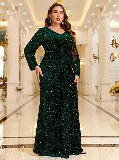 TOLEEN Women Plus Size Maxi Dresses Sequined Plus-size Evening Gown Elegant V-neck Skintight Long Mermaid Party Ball Dress