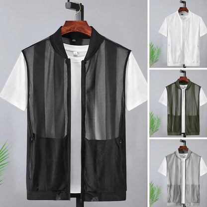 Soft Vest Tops Baseball Collar Summer Mesh Waistcoat Outerwear Chic Summer Men Mesh Hollow Waistcoat Streetwear