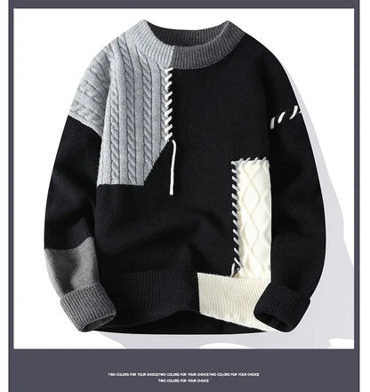 Autumn Winter Warm Mens Knitted Sweaters Fashion Patchwork O Neck Knit Pullovers Korean Streetwear Pullover Casual Mens Clothing