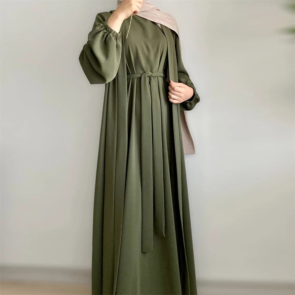 Eid Ramadan Muslim Women Open Abaya Kimono Inner Maxi Dress Hijab Sets 2/3 Pieces Dubai Islamic Arab Robe Kaftan Jalabiya Caftan