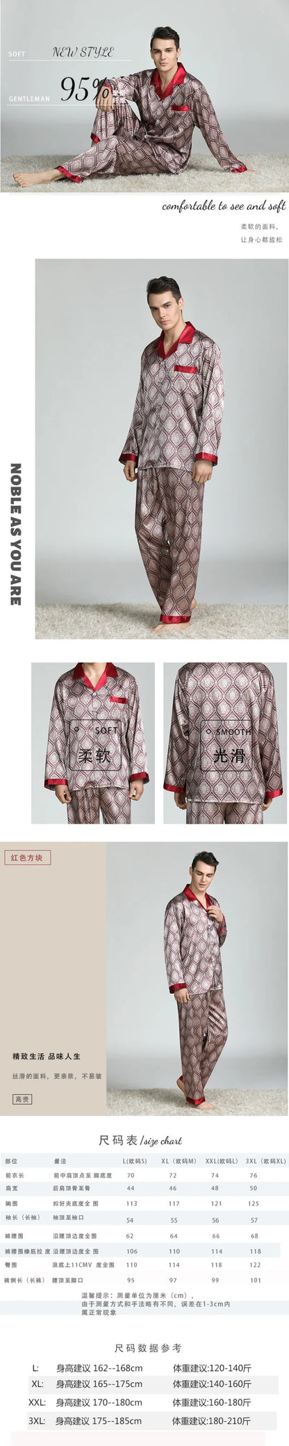 High Quality Satin Pajamas Suit Men Spring Summer Printed Ice Silk Pyjamas  Long Sleeve Plus Size Home Clothes Sleepwear Male