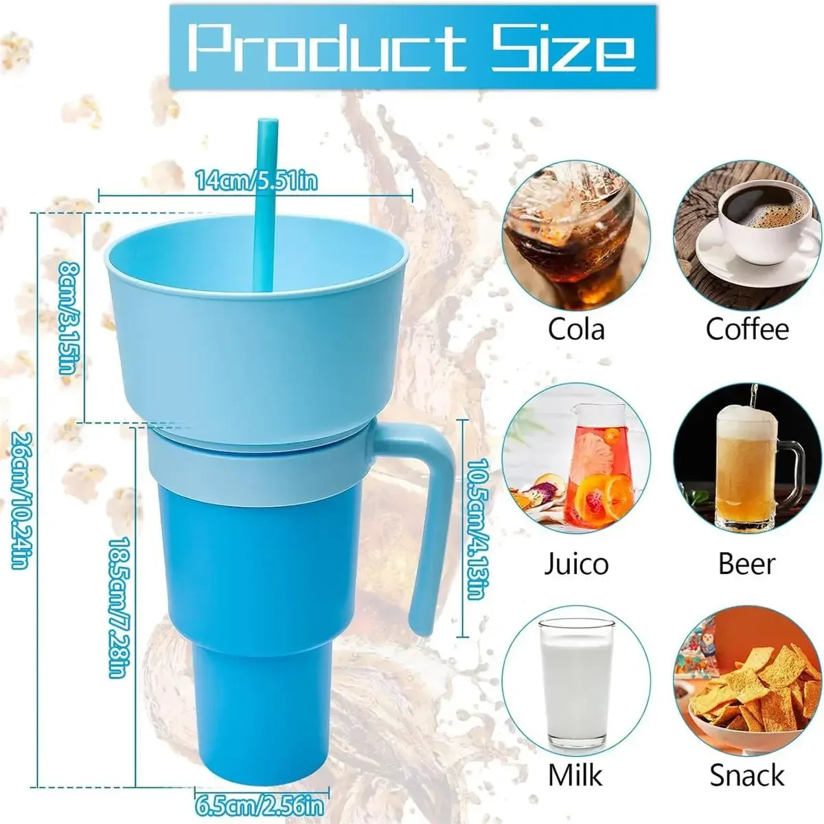 2In1 Snack Bowl Drink Cup with Straw Stadium Tumbler Water Bottle Straw Splash Proof Leakproof Portable Adults Kids Cinema Trip