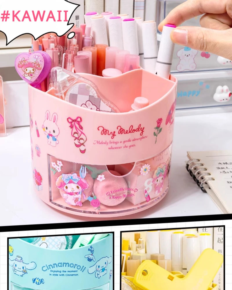 Miniso Sanrio Rotating Pen Holder Storage Box Desk Organizer &amp; Kawaii Sanrio Cinnamoroll Stickers Cute Stationery Storage Girls