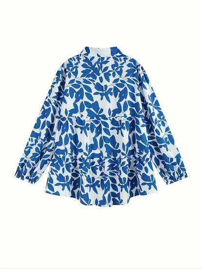 Plus Size Floral Print Blouse, Casual Button Front Long Sleeve Blouse For Spring, Women&