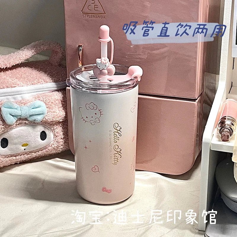 Sanrio Kawaii Hello Kitty Water Cup Student Cartoon Anime 480ML Portable Straw Direct Drink Thermos Cup Office Coffee Cup Gift