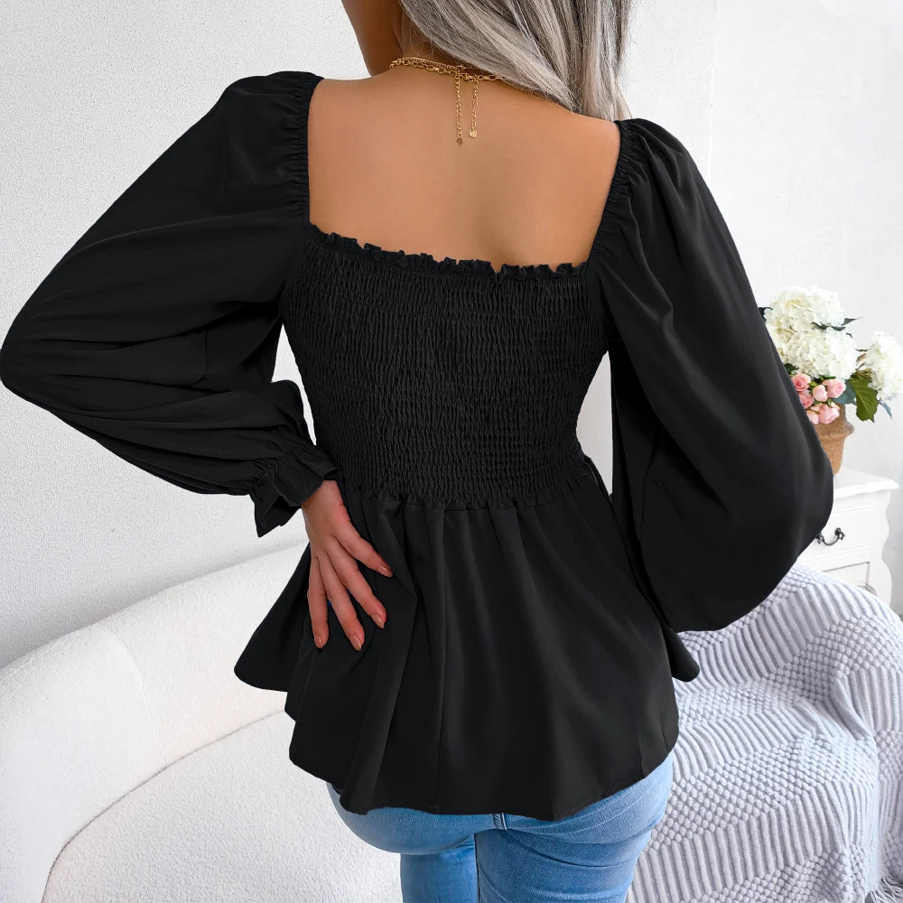 Women Chiffon Blouse 2023 Long Sleeve Casual Ruffles Peplum Top White Red Green Blue Black