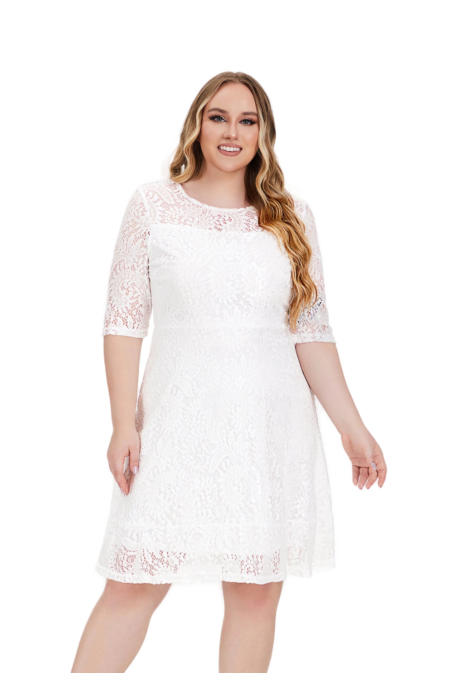 Plus Size Contrast Lace Semi Sheer 3/4 Sleeve Midi Dress, Women&