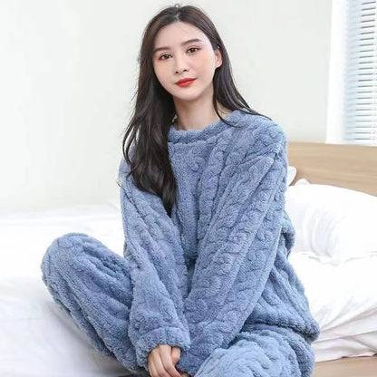 Two-Piece Autumn And Winter Thickened Warm Flannel man Women Pajamas O-neck Solid Long Sleeve Long pants Black Homewear Set New