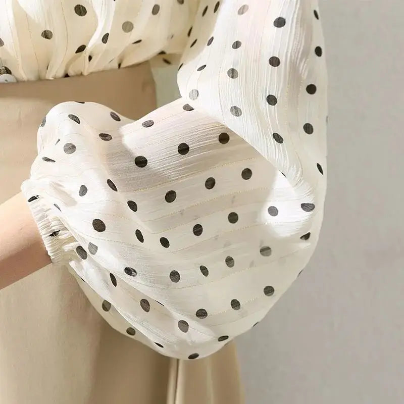 Beige Polka Dot Bow Neck Elegant Chiffon Long Sleeve Loose Women&