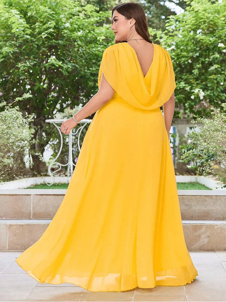 Plus Size V Neck Chiffon Yellow Floor Floor Bridesmaid Luxury Dress 4XL 5XL Big Size Shiny Chiffon Banquet Evening Dress Women