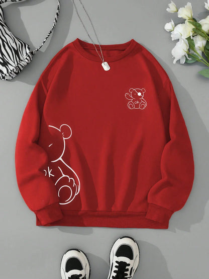 Kawaii OK Teddy bear Printing Sweatshirts For Women Classic Retro Fashion Hoodies Fleece Warm Casual Clothes Loose Sportswear