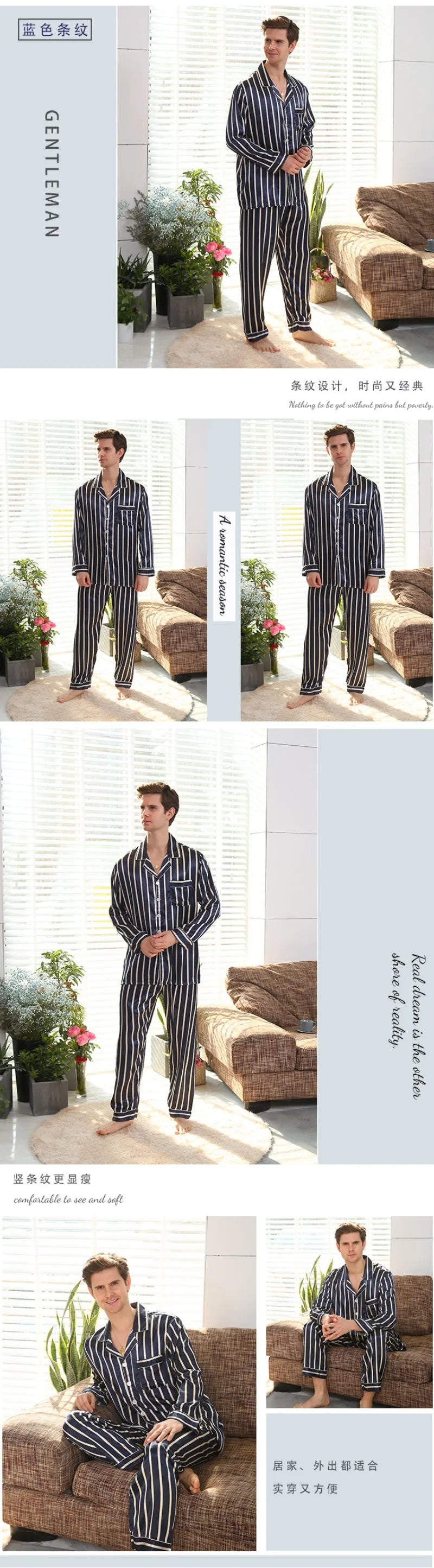 High Quality Satin Pajamas Suit Men Spring Summer Printed Ice Silk Pyjamas  Long Sleeve Plus Size Home Clothes Sleepwear Male