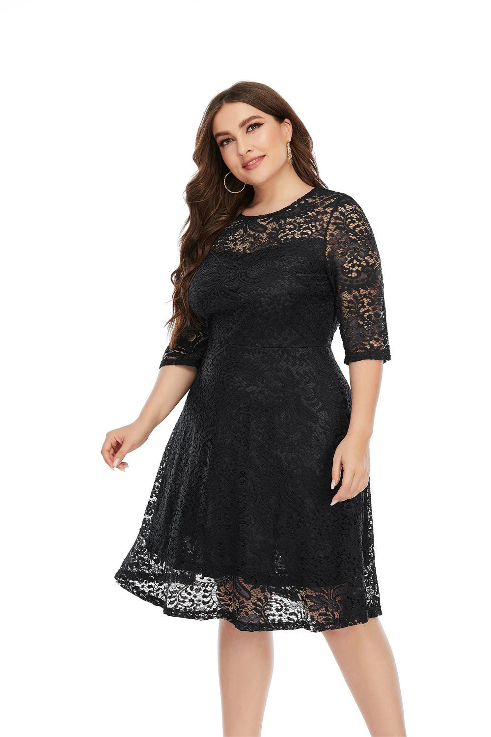 Plus Size Contrast Lace Semi Sheer 3/4 Sleeve Midi Dress, Women&