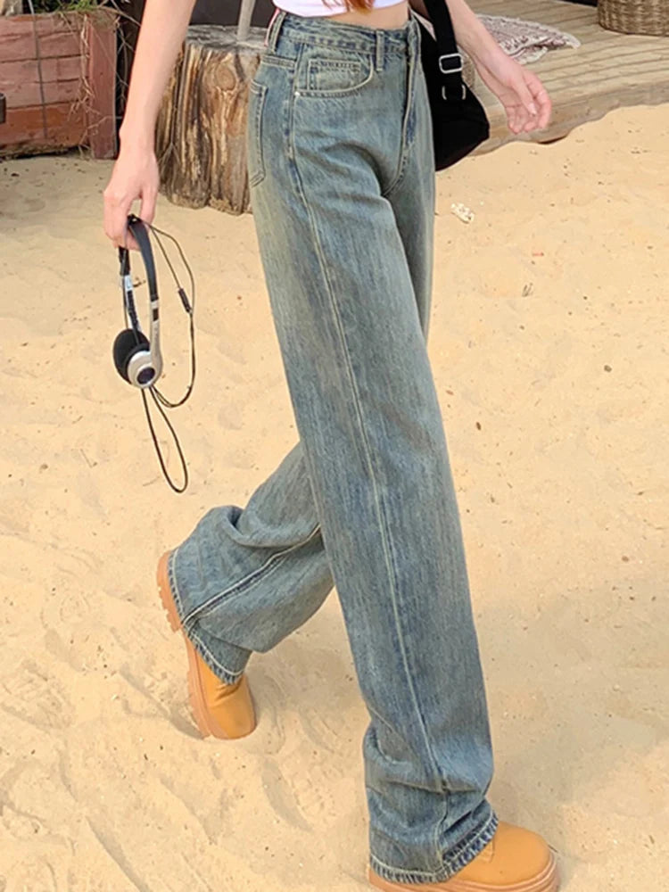 Female High Waist Loose Wide Leg Jeans Lady Non Strech Straight Leg Pants Girls White Light Blue Deep Blue Korean Denim Trousers