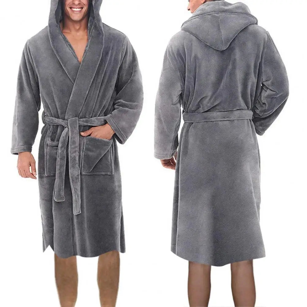 Long Sleeve Pocket Belt Solid Color Men Bathrobe Winter Warm Hooded Long Fleece Home Gown Sleepwear