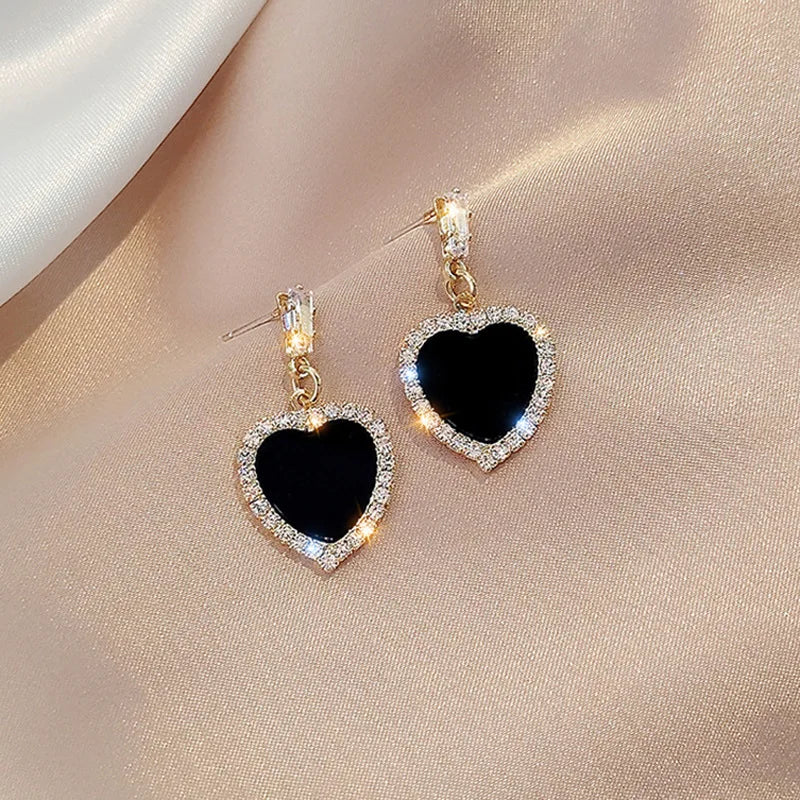 Korean Trendy Rhinestone Heart Round Square Drop Earrings for Women Black Color Geometric Dangle Earrings Wedding Jewelry