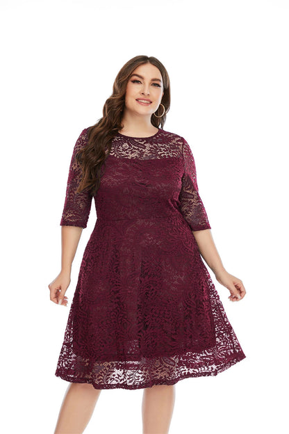 Plus Size Contrast Lace Semi Sheer 3/4 Sleeve Midi Dress, Women&