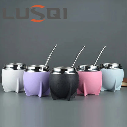 LUSQI 1PC Stainless Steel Leather Cover Double Layer Mate Tea Mug Trendy Creative Water Cup With Straw Spoon