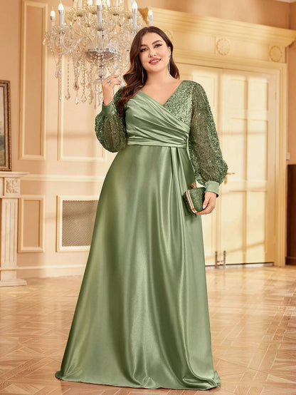 Lucyinlove Plus Size Luxury Green V-Neck Sequin Evening Dress Elegant Women Party Maxi Dress Long Sleeve Cocktail Dress Prom