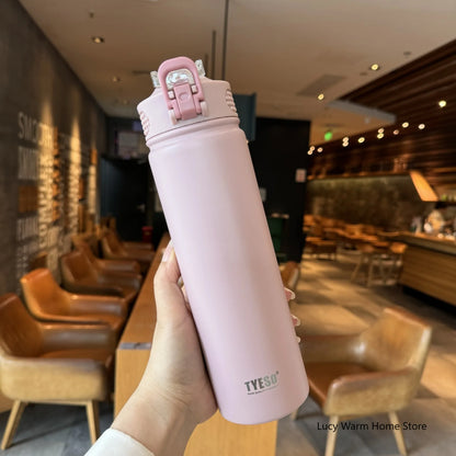 Tyeso Thermos Cup with Straw 600/750ml Stainless Steel Thermal Bottle Cover Insulation Straight Cup Flask Water Tumbler Mug