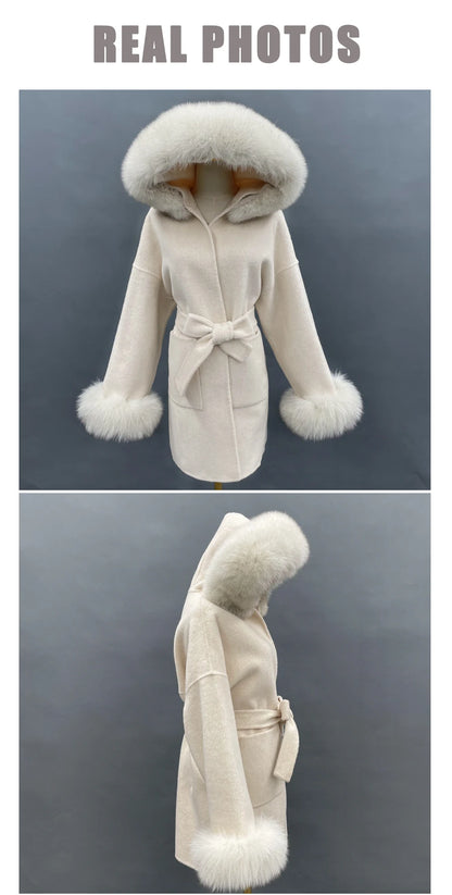 MISSJANEFUR Wool Coat with Real Fox Fur Collar Cuff Women 2023 Fashion Belted Cashmere Coats Warm Winter Hooded Trench Peacoat