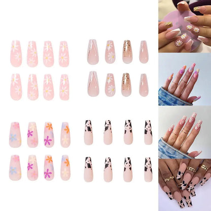 Long Fake Nails Art Tips Press on Nails False Flower heart Design for Extensionfake Nails with Glue Stickers Reusable Set