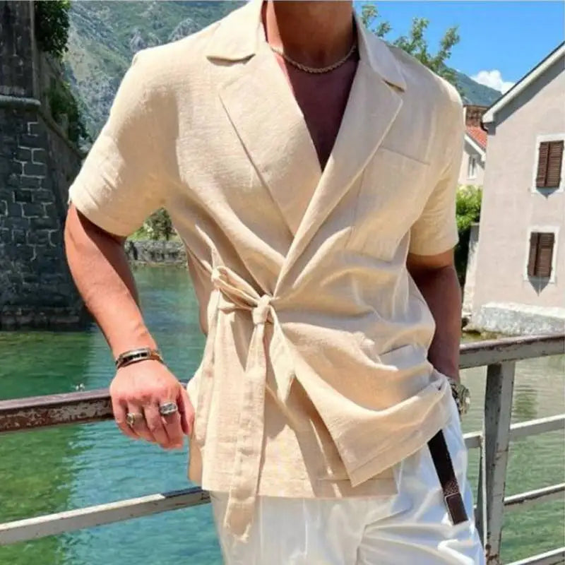 INCERUN Men Shirt Lapel Short Sleeve Lace Up Cotton Summer Casual Men Clothing Streetwear Solid Color 2023 Leisure Camisas S-5XL